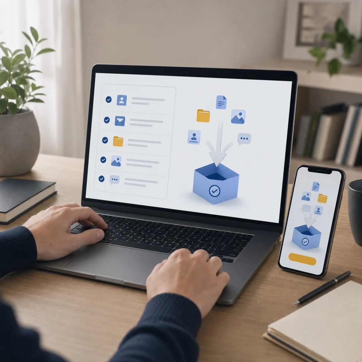 Користувач вибирає категорії даних для експорту на ноутбуці й смартфоні