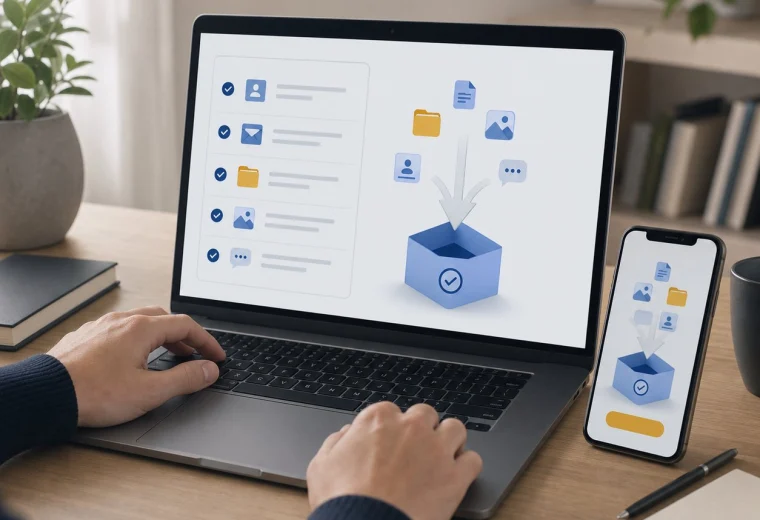 Користувач вибирає категорії даних для експорту на ноутбуці й смартфоні