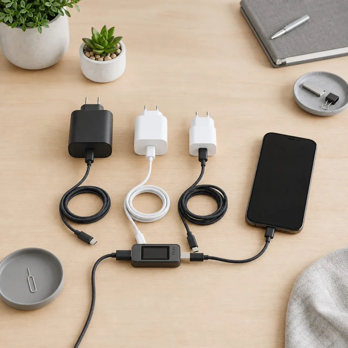 USB‑C зарядні пристрої, кабелі та вимірювач потужності на робочому столі