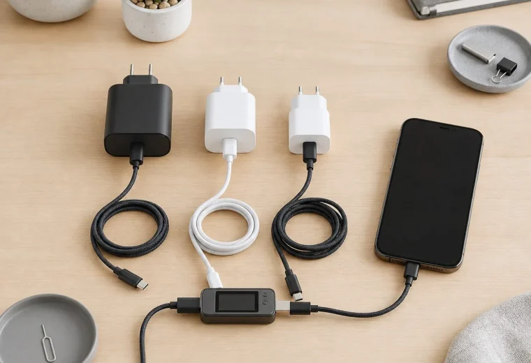 USB‑C зарядні пристрої, кабелі та вимірювач потужності на робочому столі
