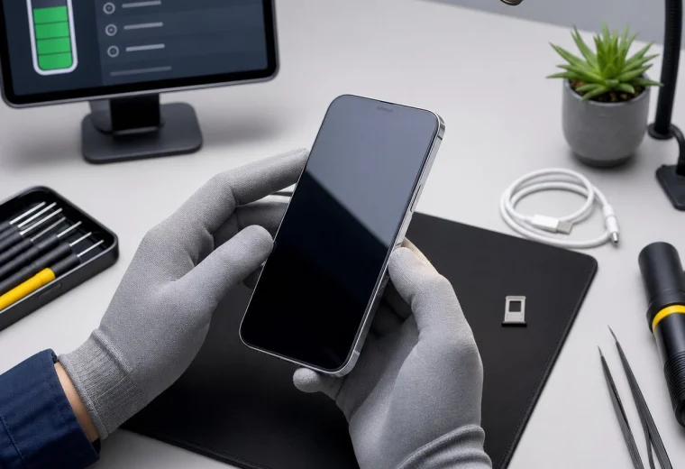 Технік оглядає вживаний смартфон і перевіряє стан акумулятора