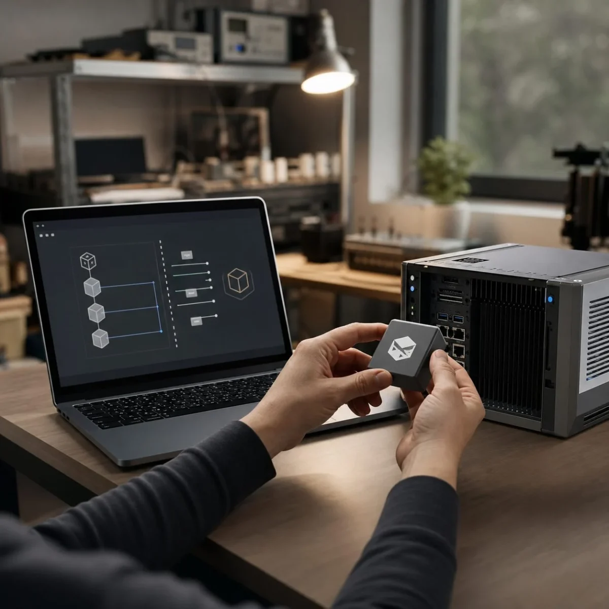 Розробник переносить портативний модуль між ноутбуком і edge-сервером