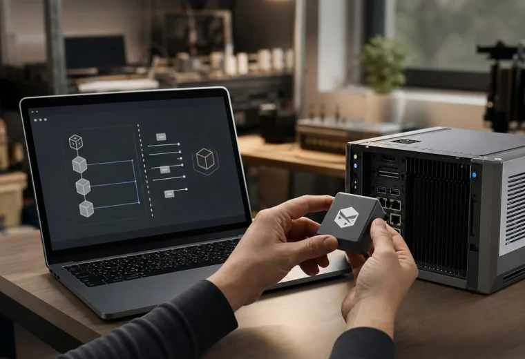 Розробник переносить портативний модуль між ноутбуком і edge-сервером