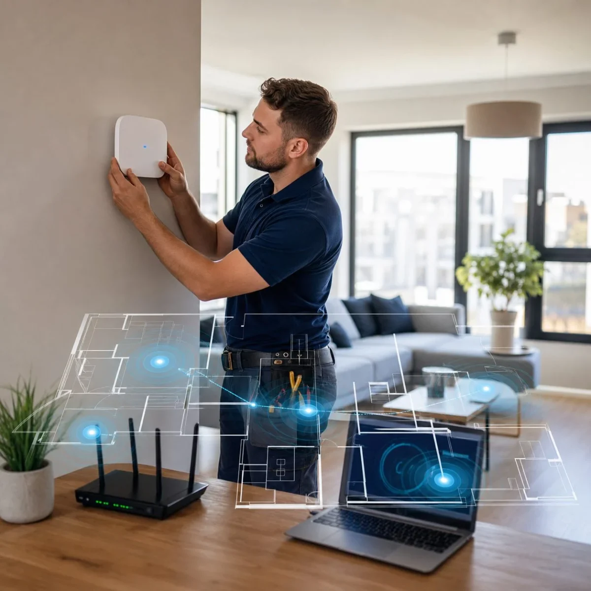 Технік встановлює точку Wi‑Fi і перевіряє покриття в оселі