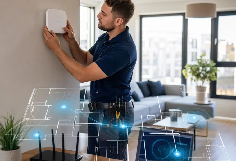 Технік встановлює точку Wi‑Fi і перевіряє покриття в оселі